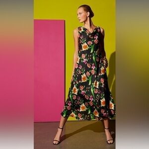 Natori Chikayo-Obi Silk Bias Cut Cowl Sleeveless Midi Dress in Black Floral L